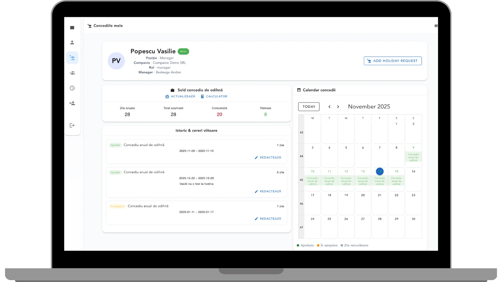 Screenshot of the Miridar HR dashboard — leave balances, live timekeeping and recruitment in one view